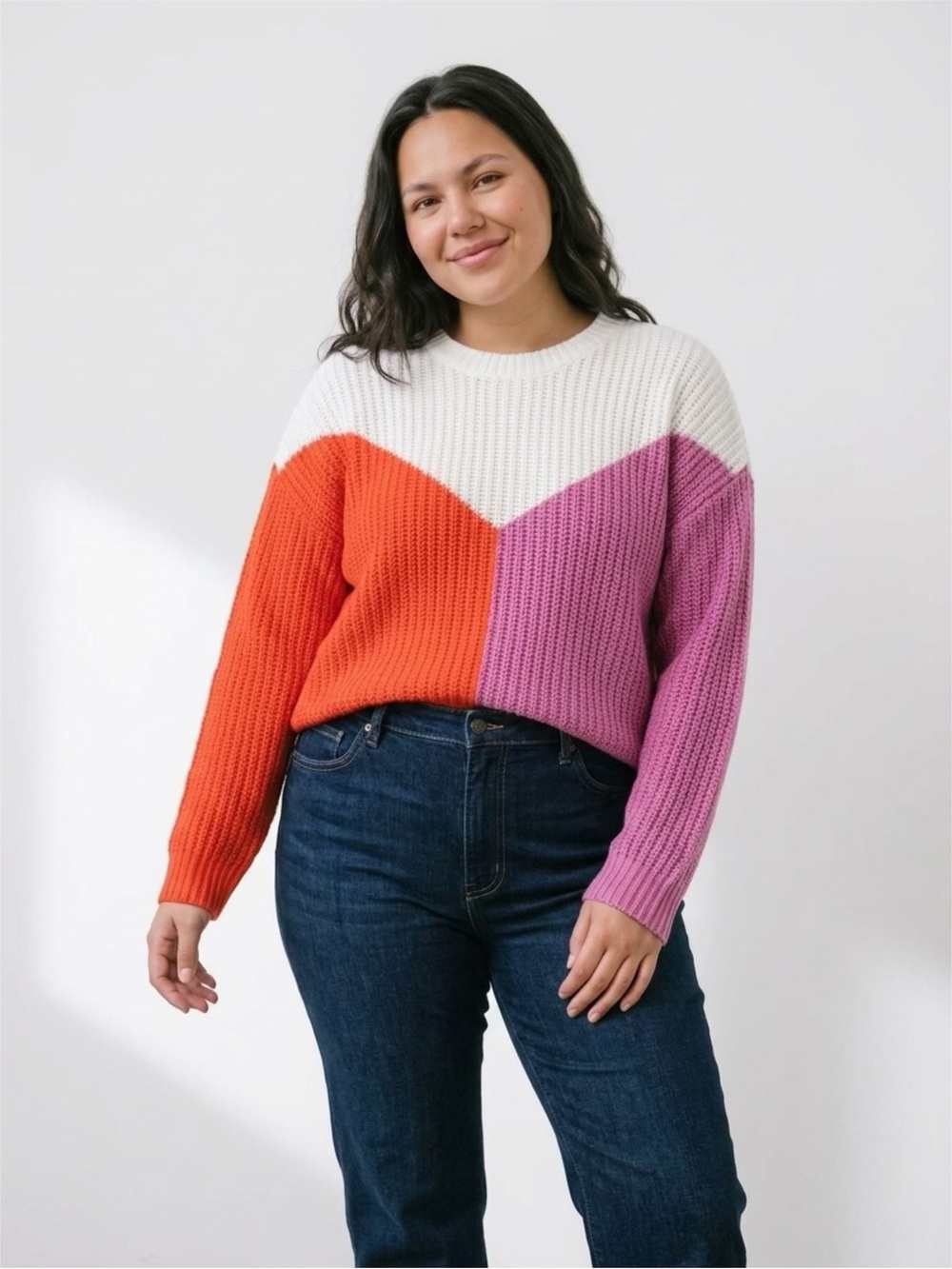 Sincerely Jules Chevron Colorblock Crewneck Sweater — White, Orange & Pink